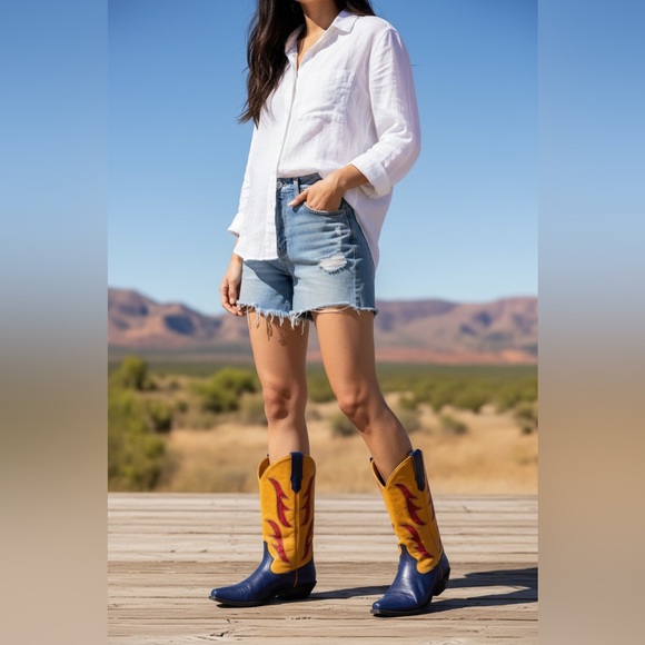 Hunt Club Shoes - Rare 90s Hunt Club "Trisha" Leather Flame Cowboy Boots Blue Yellow Size 7M VTG